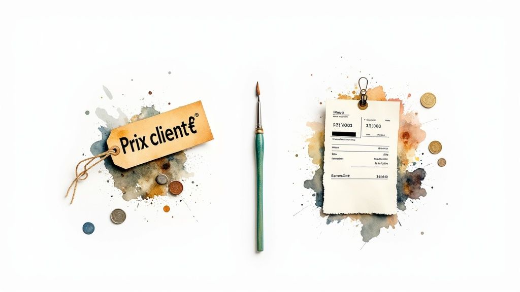 Étiquette de prix "Prix client€", pinceau, facture et pièces de monnaie sur fond blanc avec éclaboussures d'aquarelle.