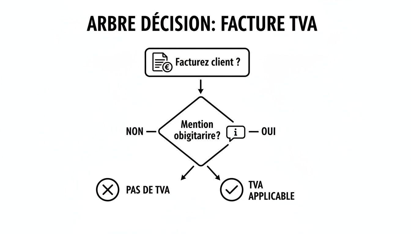 Arbre de décision pour déterminer si la TVA est applicable sur une facture client, selon la mention obligatoire.