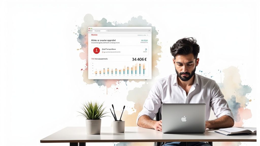 Homme travaillant sur un ordinateur portable, avec un tableau de bord financier flottant et des graphiques en arrière-plan.