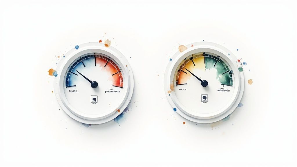 Deux jauges rondes et colorées, style aquarelle, affichant des niveaux variés avec des éclaboussures de peinture.