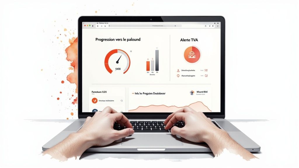 Mains tapant sur un ordinateur portable affichant un tableau de bord financier avec des graphiques de progression et alertes TVA.