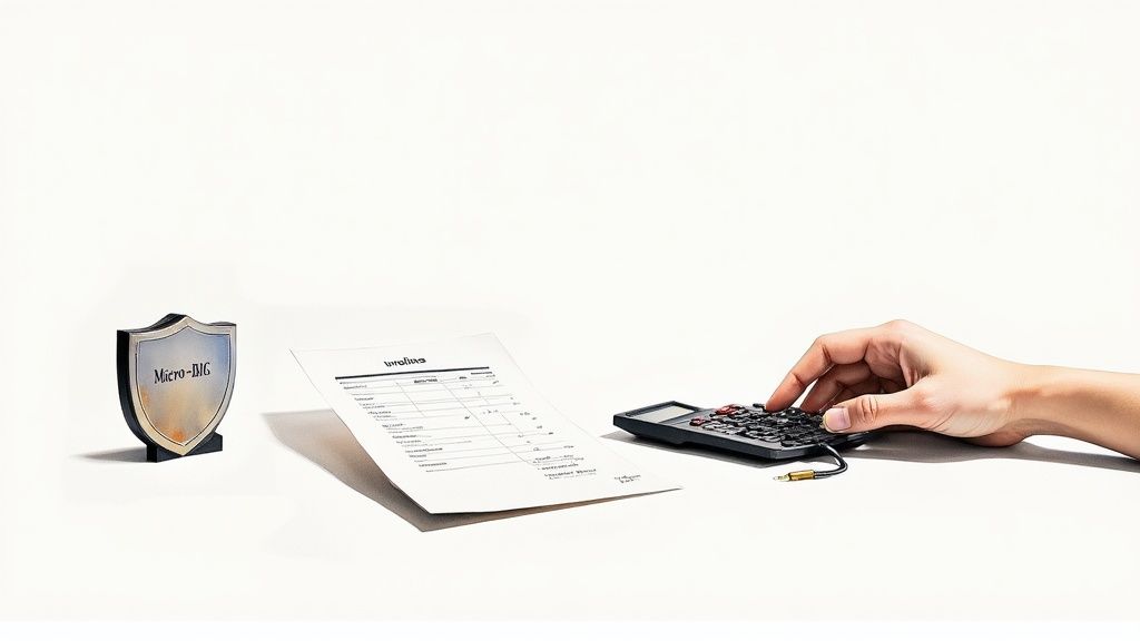 Une main utilise une calculatrice près d'un document et d'un trophée Micro-BIG sur fond blanc.