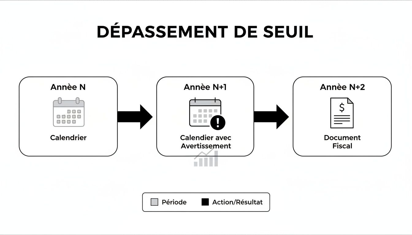 Diagramme illustrant le processus de dépassement de seuil sur trois ans, de l'année N au document fiscal de l'année N+2.