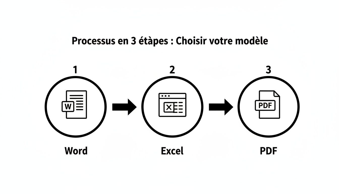Processus en 3 étapes pour choisir un modèle : de Word à Excel, puis en PDF.
