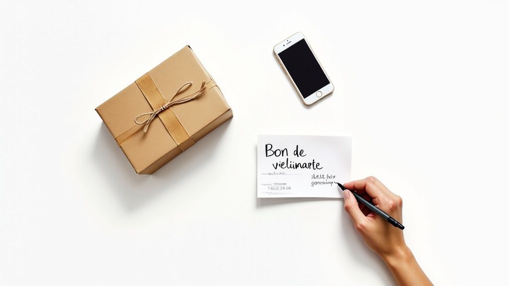 Une main écrit sur un bon de livraison à côté d'un colis cadeau et d'un smartphone sur une surface blanche.