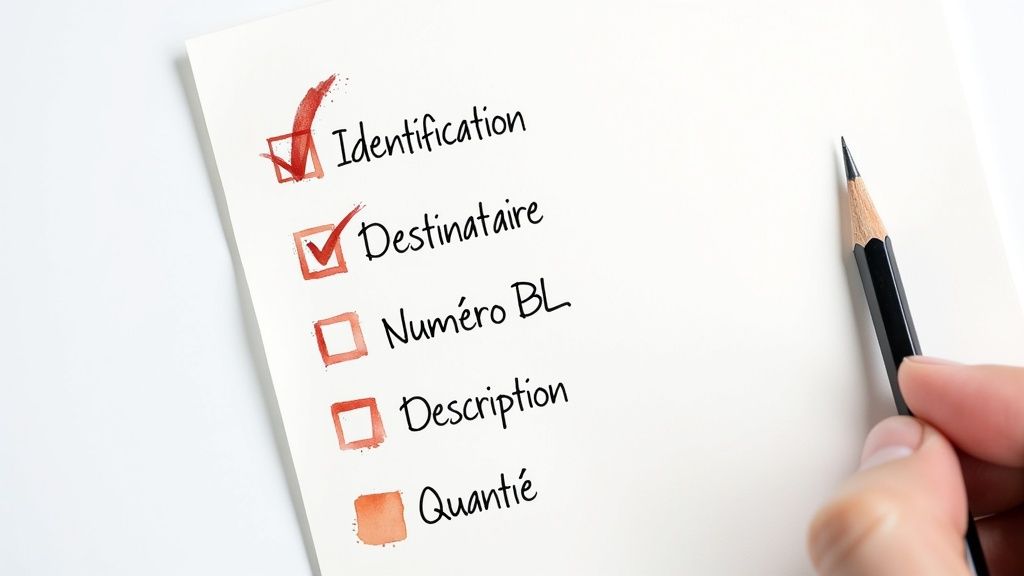 Une liste de contrôle manuscrite avec des cases à cocher, dont deux sont cochées en rouge. Un crayon est tenu par une main à côté.