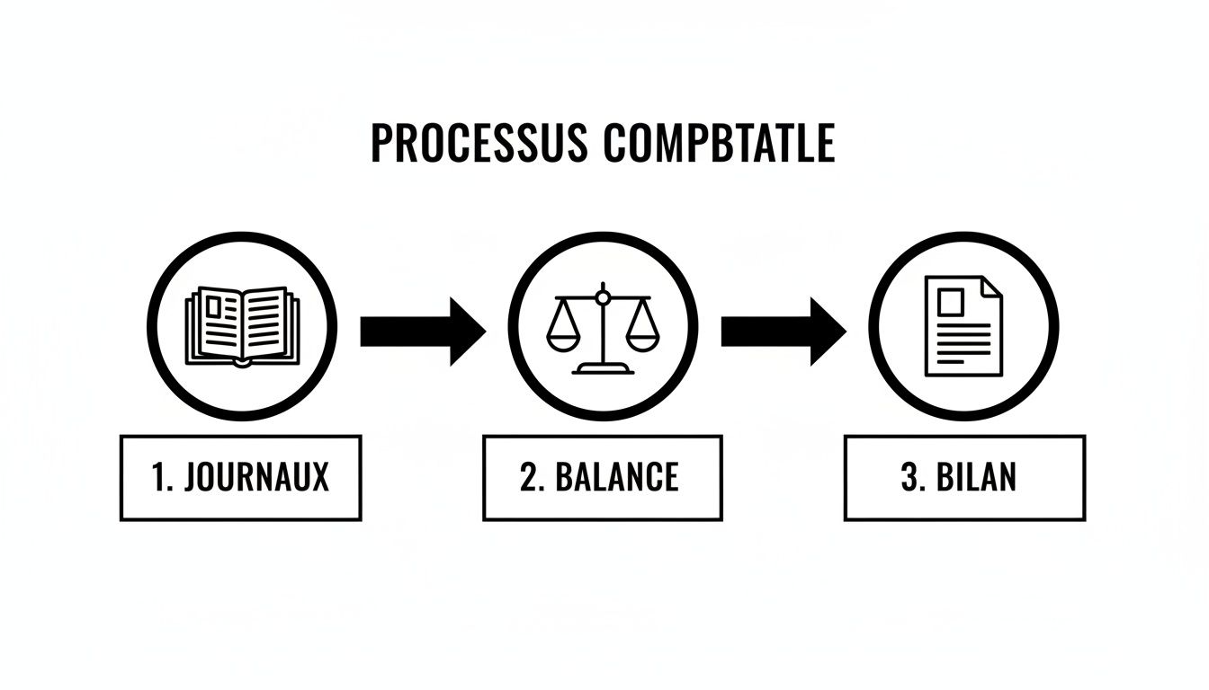 Illustration du processus comptable en trois étapes : journaux, balance et bilan financier.