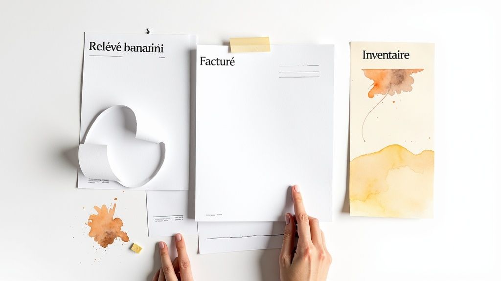 Trois documents sur fond blanc, dont un 'Relevé', une 'Facture' et un 'Inventaire' avec des aquarelles. Des mains les manipulent.