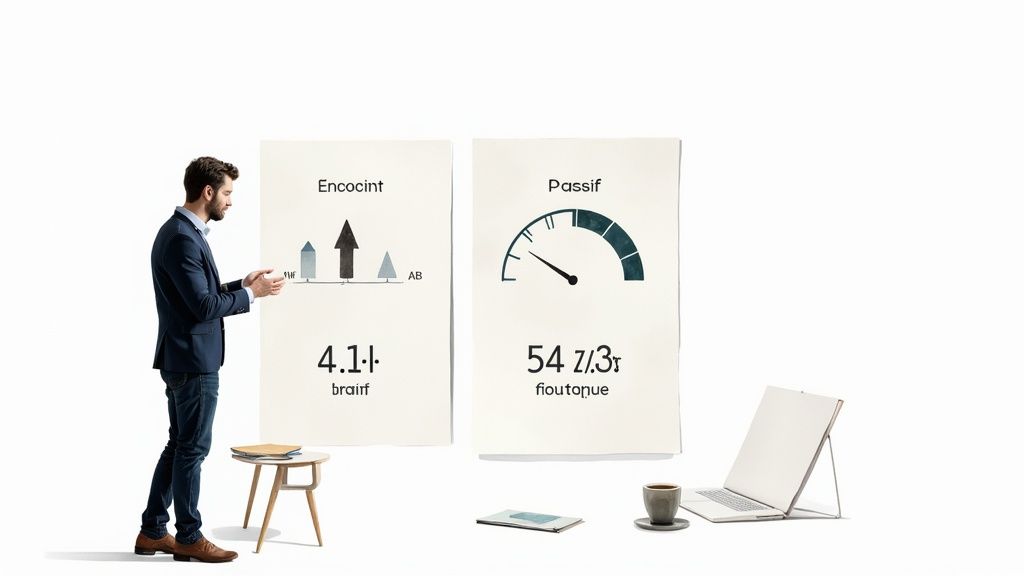 Un homme présente des graphiques et un indicateur de performance sur des tableaux blancs, dans un environnement épuré.