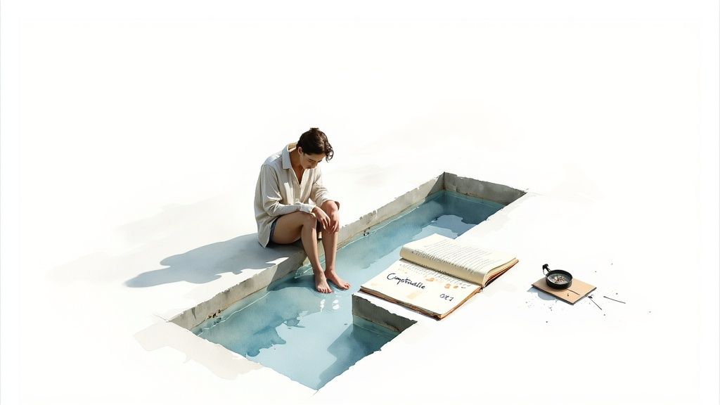 Personne assise au bord de l'eau, pieds nus, avec un livre ouvert et une boussole, style épuré.