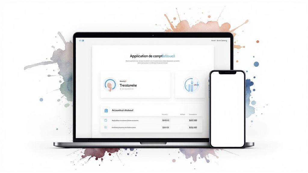Application de comptabilité affichée sur un ordinateur portable et un smartphone modernes, entourés d'éclaboussures d'aquarelle.