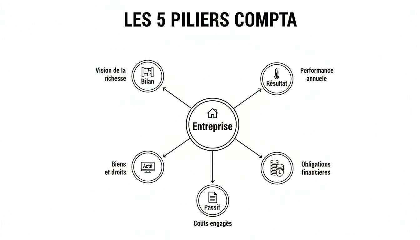 Infographie des 5 piliers essentiels de la comptabilité d'entreprise : bilan, résultat, actif, passif et obligations financières.