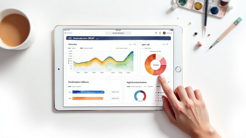 Une personne utilise une tablette affichant un tableau de bord avec des graphiques financiers, du café et des fournitures artistiques.