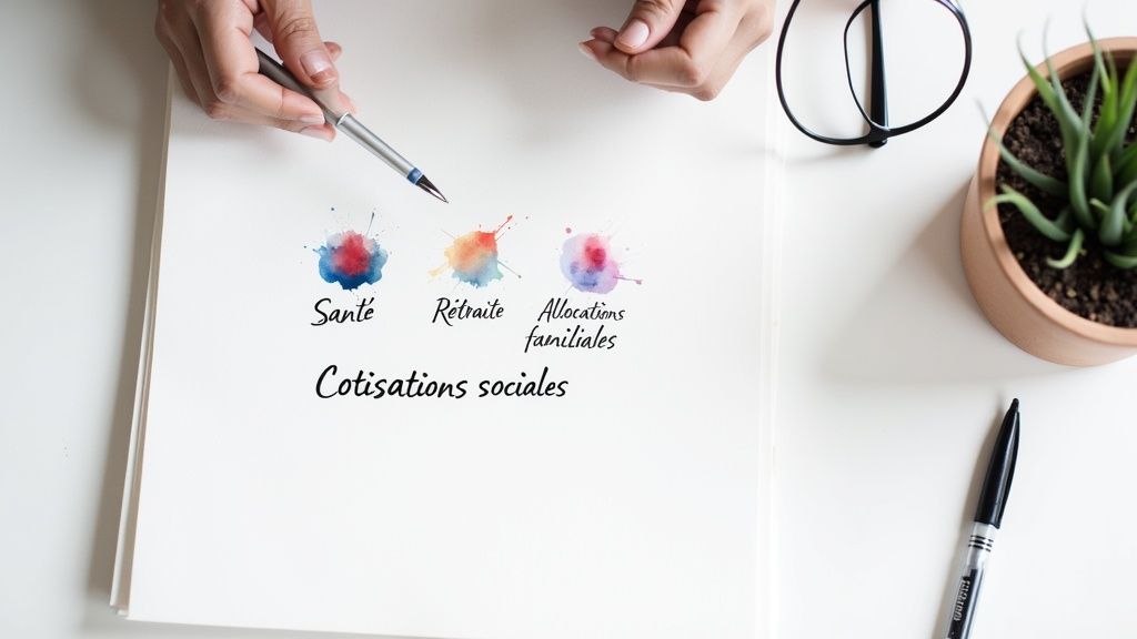 Explication des cotisations sociales sur une feuille de papier, détaillant la santé, la retraite et les allocations familiales.