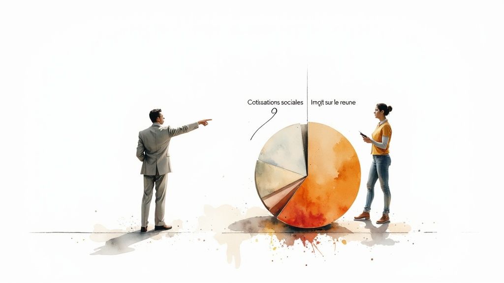 Un homme et une femme analysent un graphique circulaire détaillant les cotisations sociales et l'impôt sur le revenu.