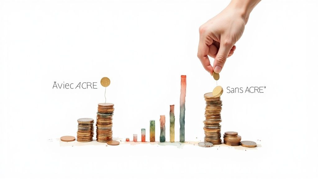 Deux piles de pièces, un graphique en barres et une main ajoutant une pièce, comparant les finances "Avec ACRE" et "Sans ACRE*".
