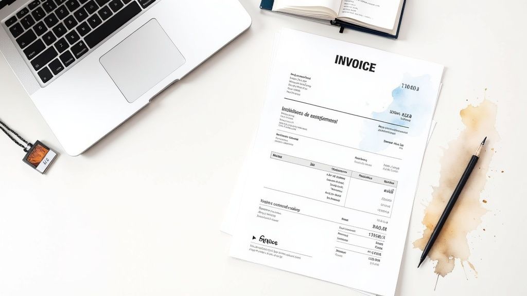 Vue aérienne d'un bureau moderne avec un ordinateur portable, une facture, un stylo et un carnet. Une tache de café est visible.