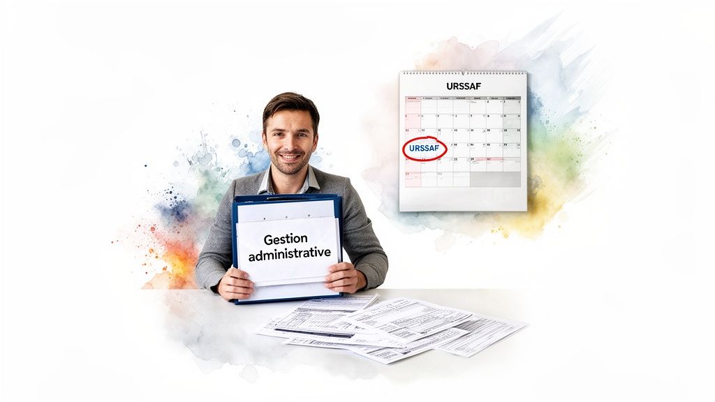 Un homme souriant présente un dossier « Gestion administrative » près d'un calendrier URSSAF.