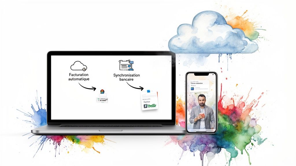 Illustration numérique de services de gestion administrative : facturation automatique et synchronisation bancaire sur ordinateur et mobile.