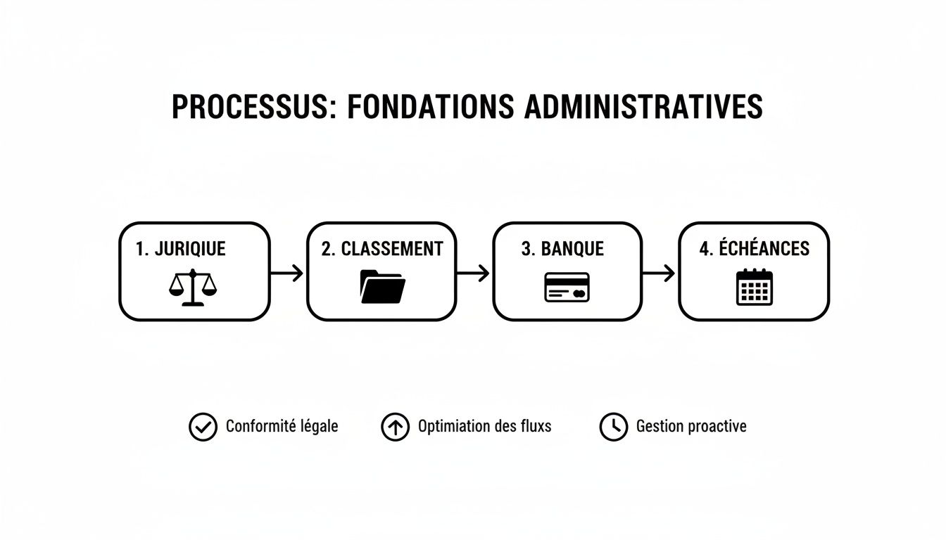 Un processus administratif en quatre étapes: juridique, classement, banque, échéances, soulignant conformité légale et optimisation.