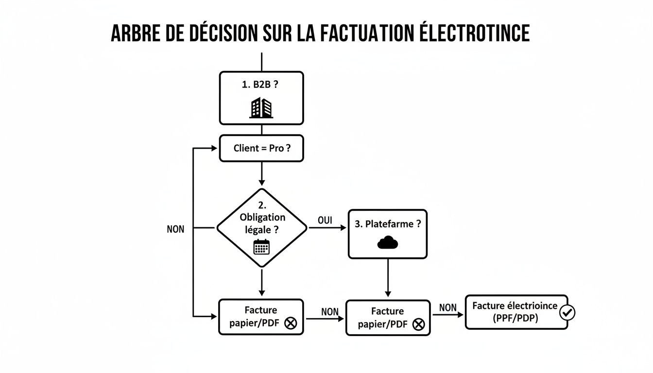Diagramme de décision sur la facturation électronique, détaillant les étapes B2B, l'obligation légale et l'utilisation de plateforme.