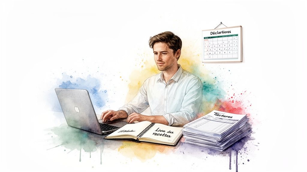Homme travaillant sur un ordinateur portable, gérant ses déclarations, factures et livre de recettes pour sa micro-entreprise.