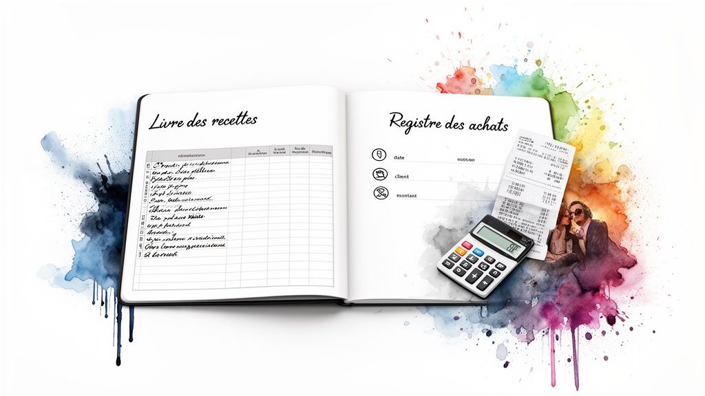 Carnet de comptabilité ouvert pour micro-entreprise avec sections recettes et achats, calculatrice et reçus.