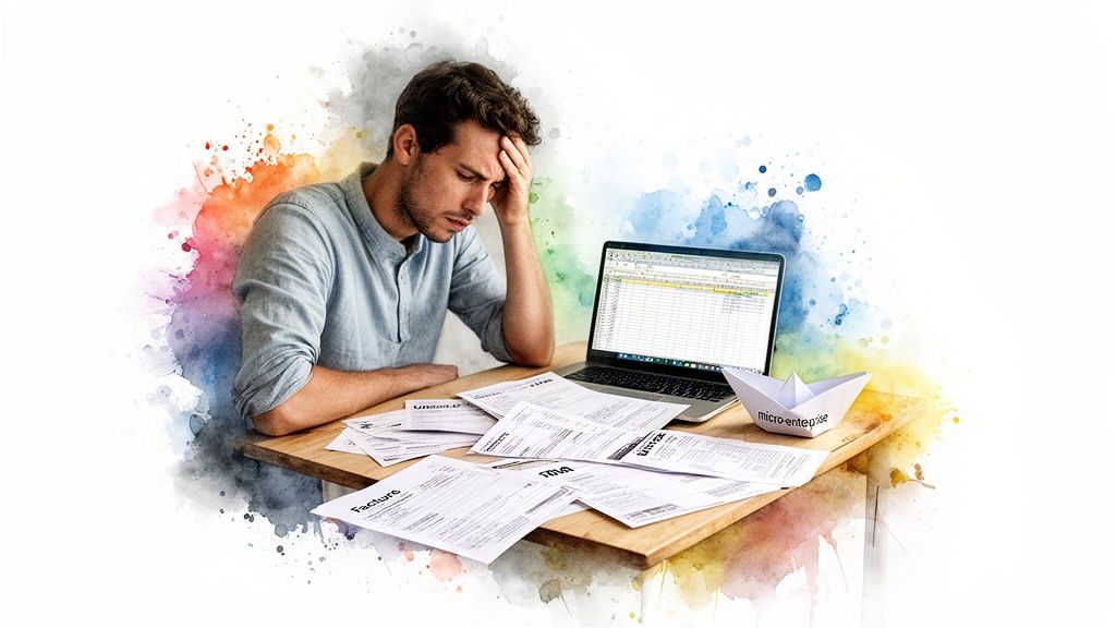 Homme stressé par la gestion comptable de sa micro-entreprise, entouré de documents et d'un ordinateur.