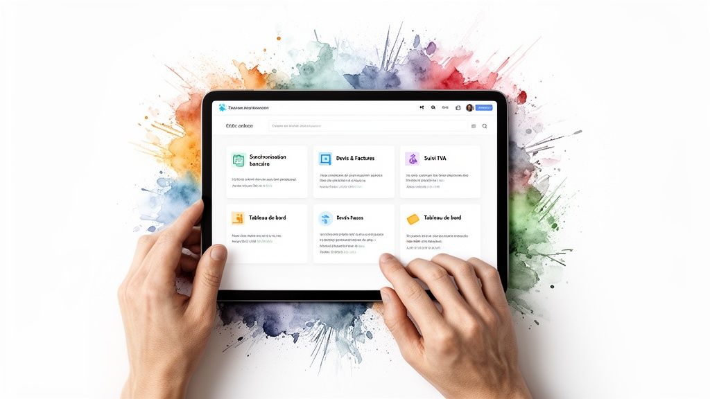 Mains tenant une tablette affichant un logiciel de gestion financière avec synchronisation bancaire, devis et suivi TVA.