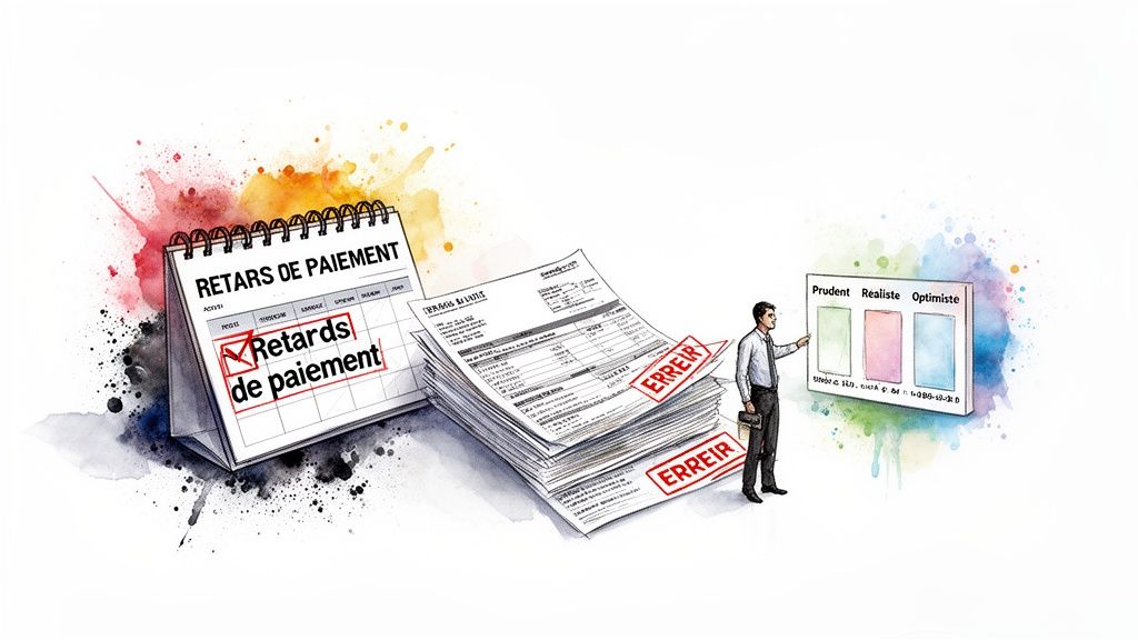 Illustration d'un calendrier de retards de paiement, de factures erronées et d'options de gestion financière.