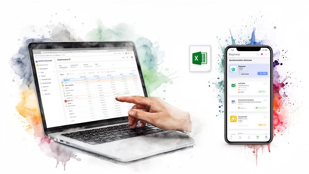 Un ordinateur portable et un smartphone affichent des applications de gestion financière, avec l'icône Excel.