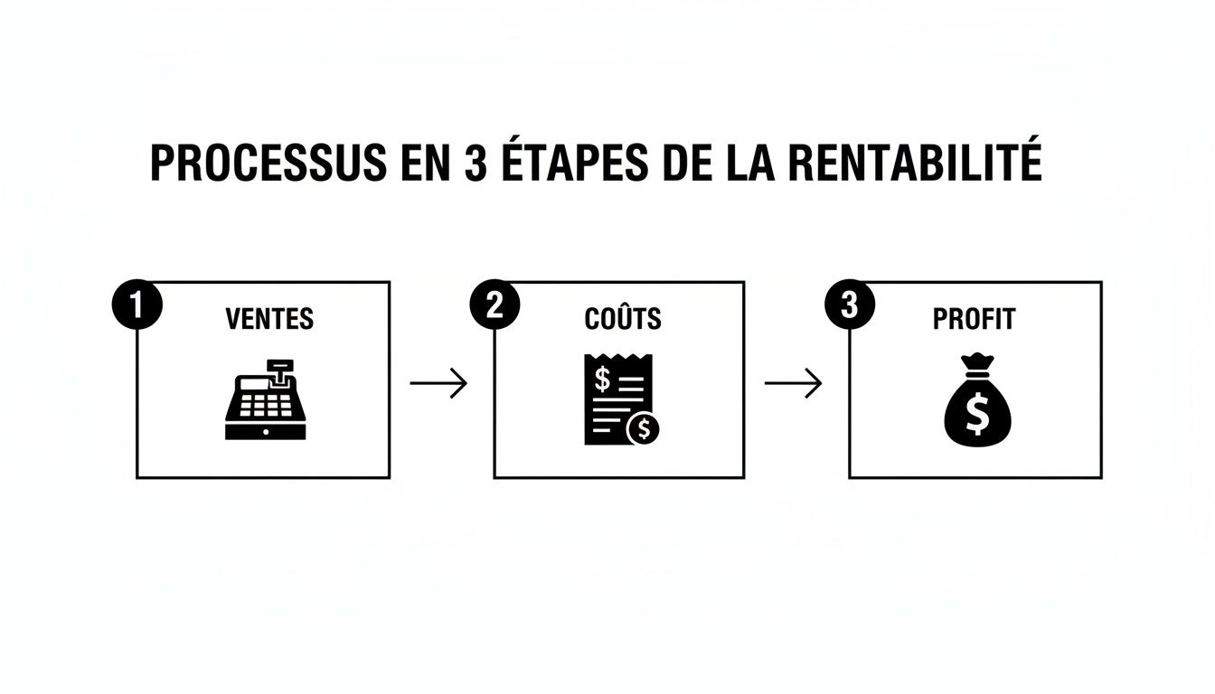 Diagramme illustrant le processus de rentabilité en 3 étapes: ventes, coûts et profit, avec icônes.