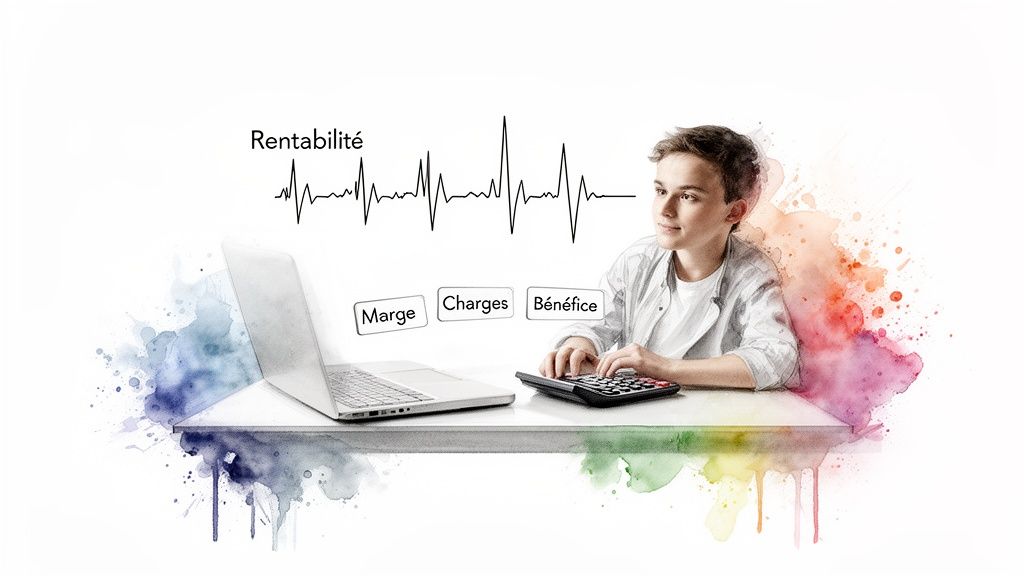 Jeune personne calculant la rentabilité d'une entreprise avec ordinateur portable, calculatrice et termes financiers.