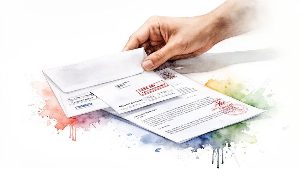 Main posant une lettre sur des documents avec des éclaboussures d'aquarelle. Indiquant une mise en demeure ou relance.