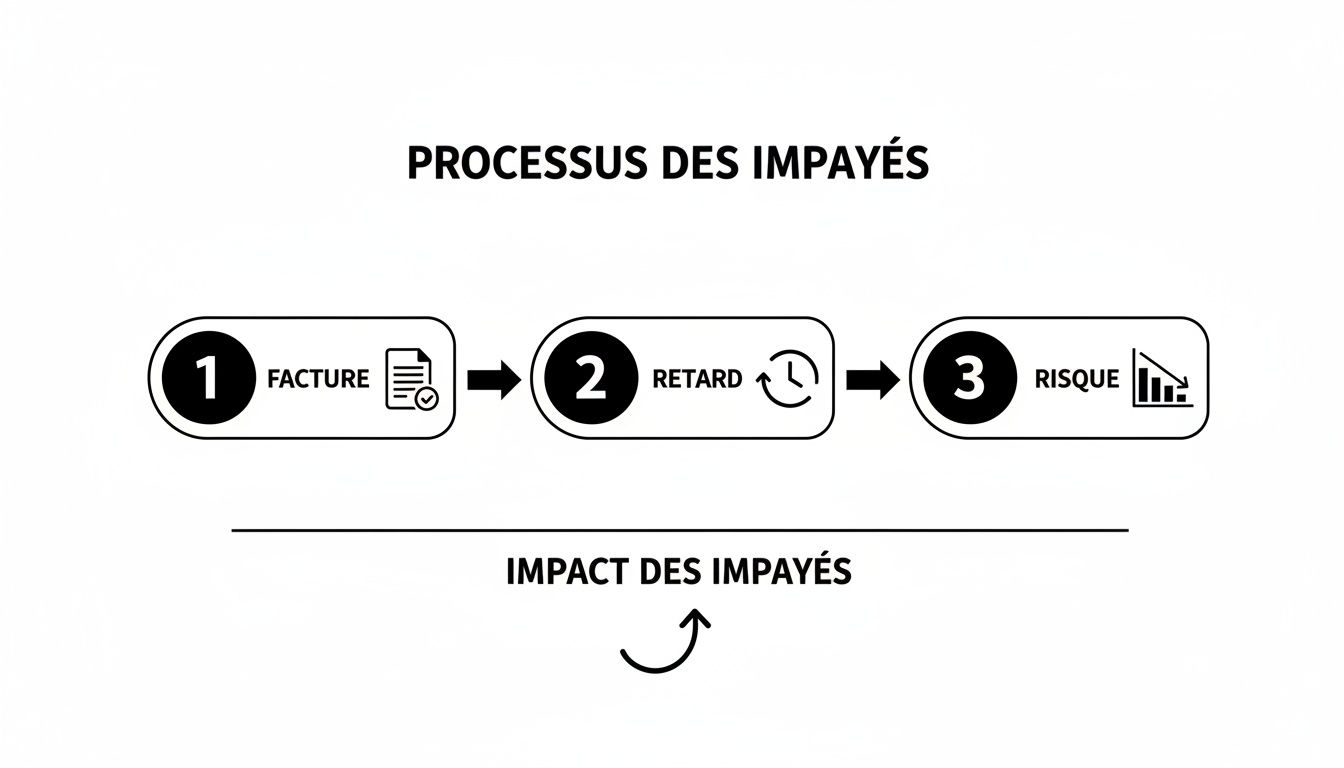 Infographie illustrant les étapes du processus de gestion des factures impayées et leur impact sur le risque.