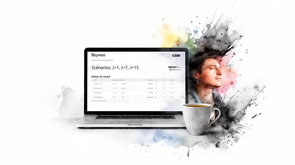 Ordinateur portable affichant l'application Bizyness avec des scénarios de suivi et un statut 'En retard', accompagné d'un homme pensif et d'une tasse de café.
