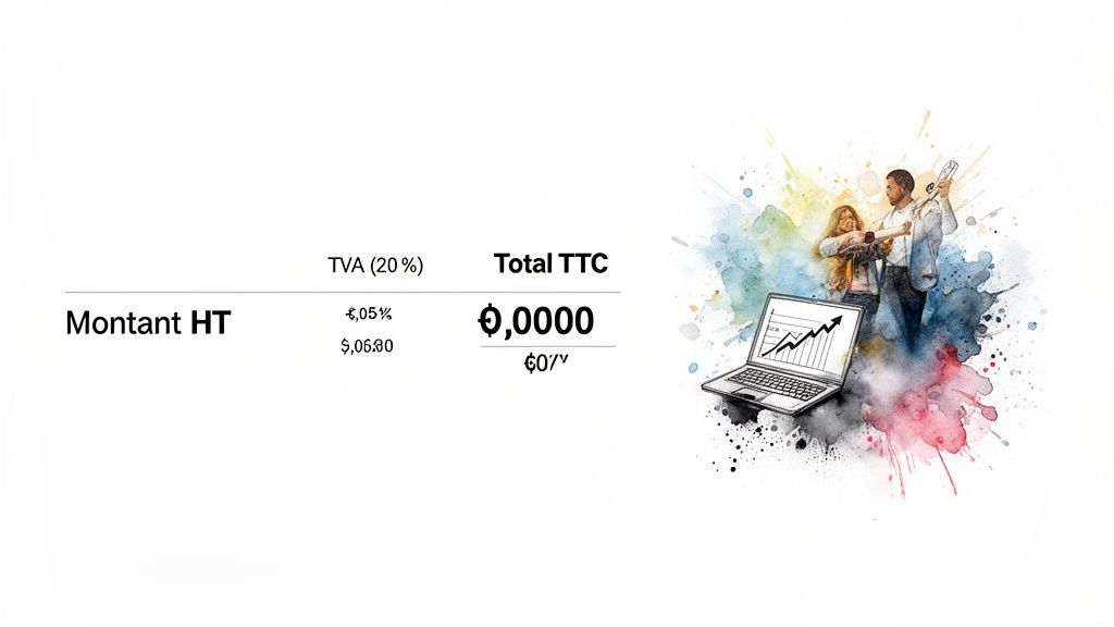 Tableau financier affichant le montant HT, la TVA et le total TTC, accompagné d'une illustration créative d'affaires.
