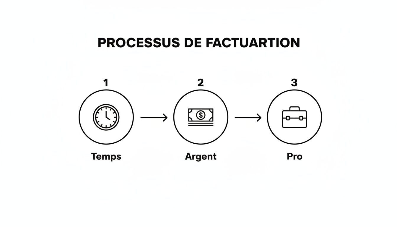Une infographie simple illustrant le processus de facturation en trois étapes : temps, argent et professionnalisme.