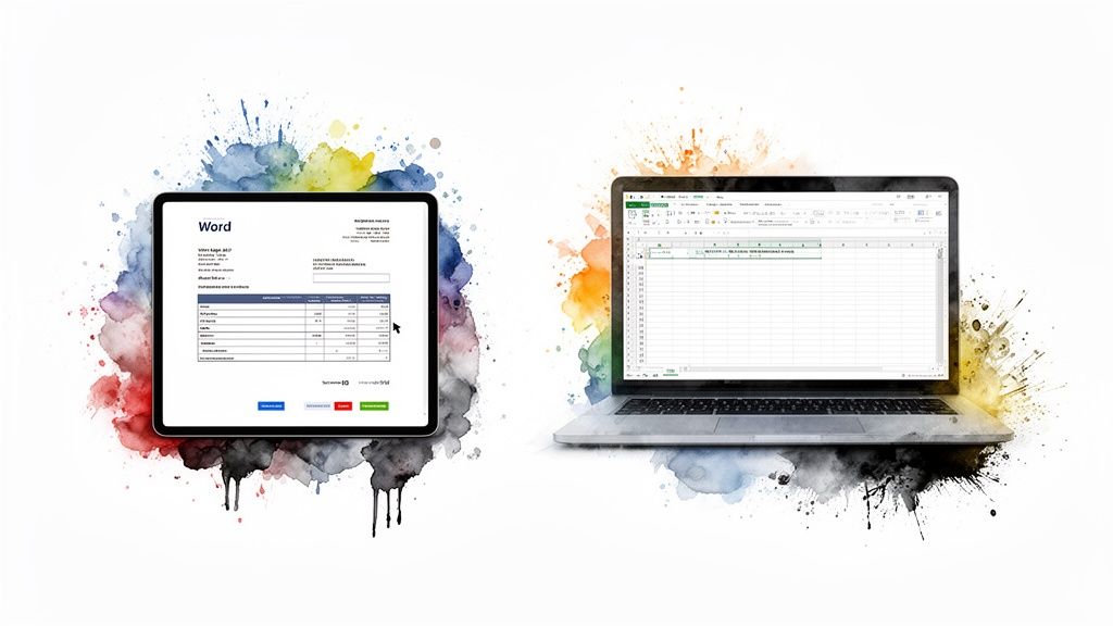 Tablette affichant un document Word et ordinateur portable avec Excel, outils essentiels pour les auto-entrepreneurs.
