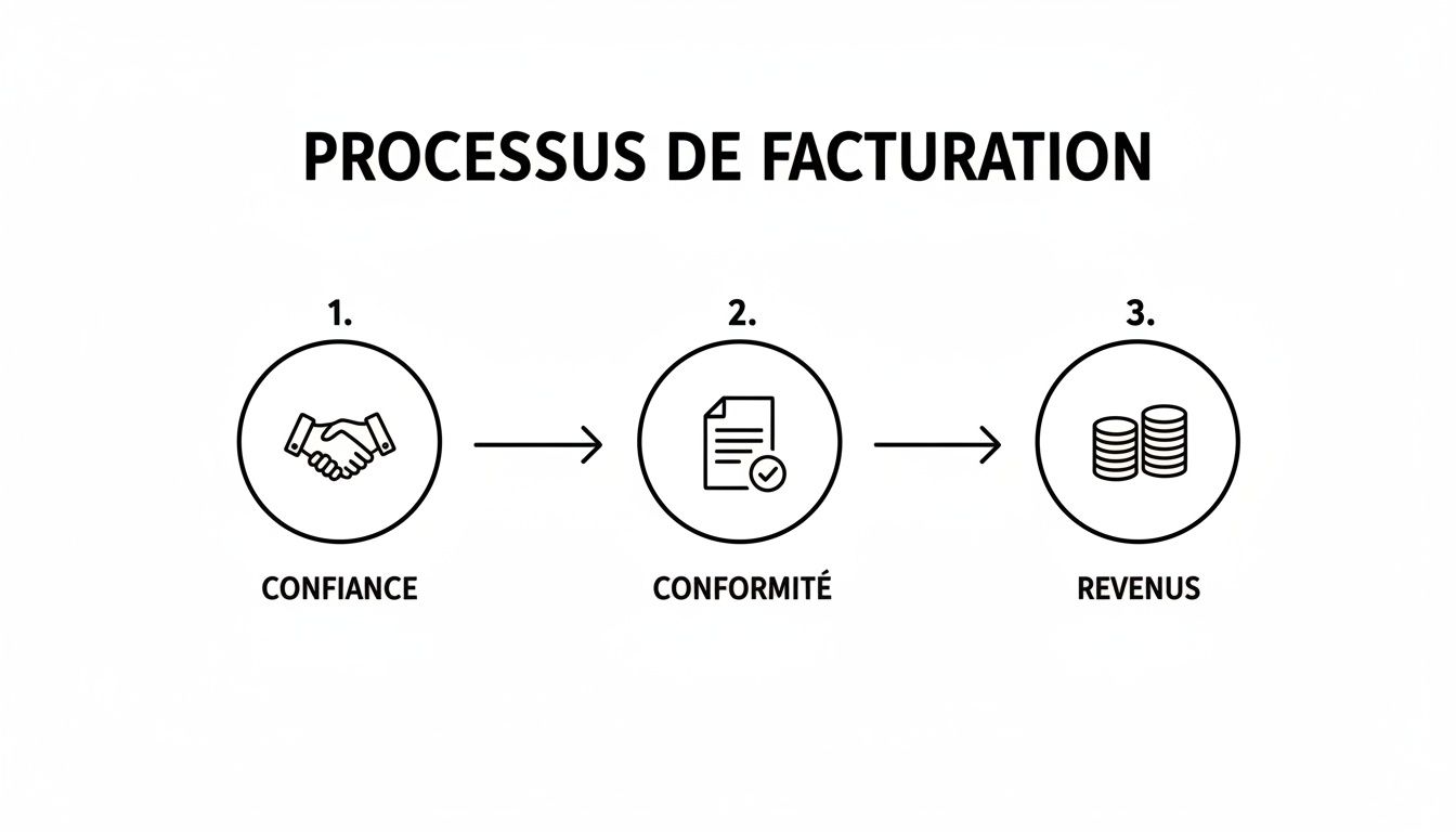 Infographie du processus de facturation présentant trois étapes essentielles : confiance, conformité et revenus, avec icônes associées.