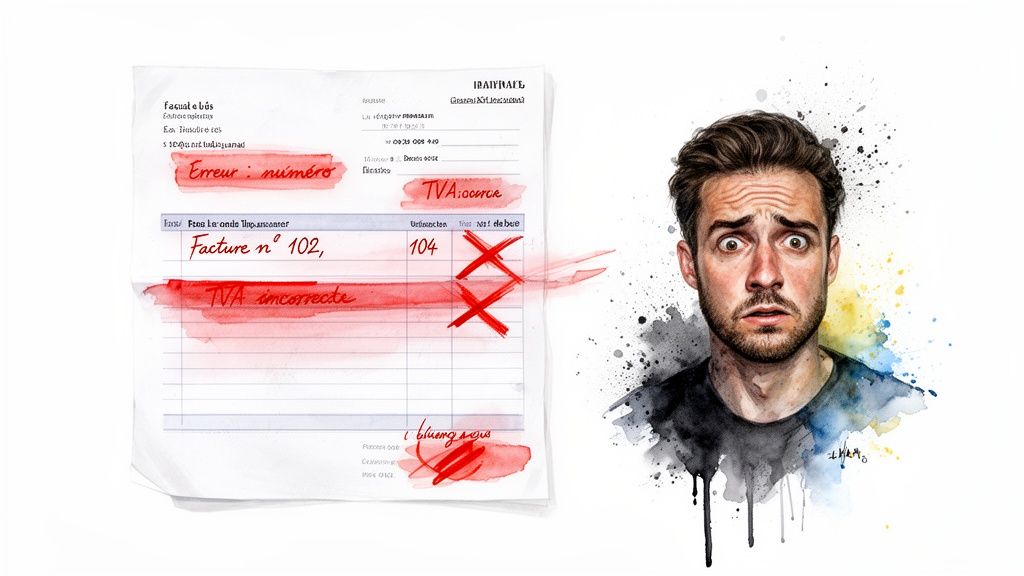 Un homme paniqué devant une facture avec des erreurs de numéro et de TVA, soulignées en rouge.