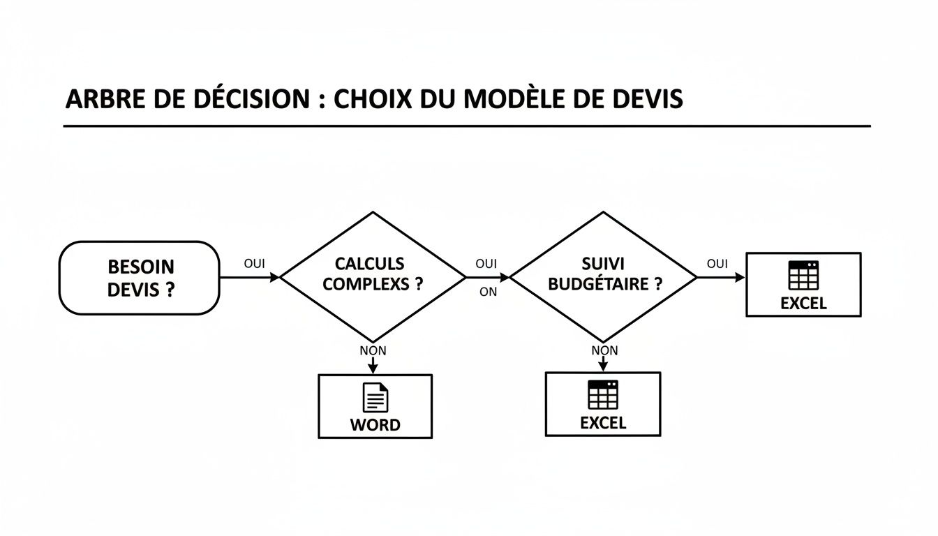 Arbre de décision pour choisir le modèle de devis, guidant entre Word et Excel selon les besoins de calculs et de suivi budgétaire.