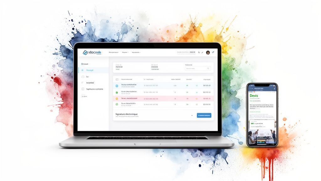 Interface logicielle de gestion des devis sur ordinateur portable et application mobile intuitive.