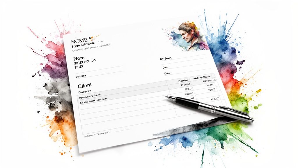 Modèle de devis vierge avec en-tête d'auto-entrepreneur, sur fond blanc avec éclaboussures d'aquarelle.