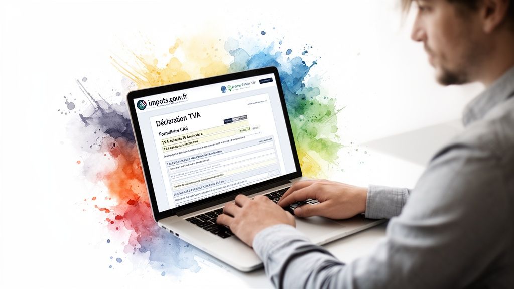 Personne remplissant une déclaration de TVA en ligne sur le site impots.gouv.fr via un ordinateur portable.