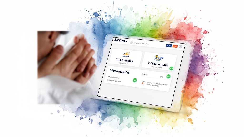 Une tablette affichant l'application Bizyness avec les sections TVA collectée et déductible validées pour une déclaration prête.