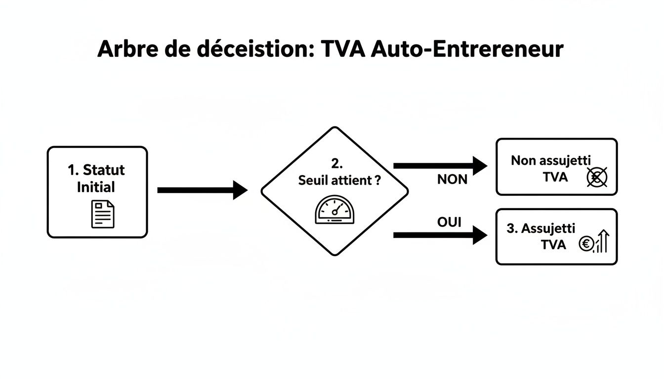Arbre de décision expliquant la TVA pour un auto-entrepreneur, basculant entre non assujetti et assujetti selon le seuil atteint.