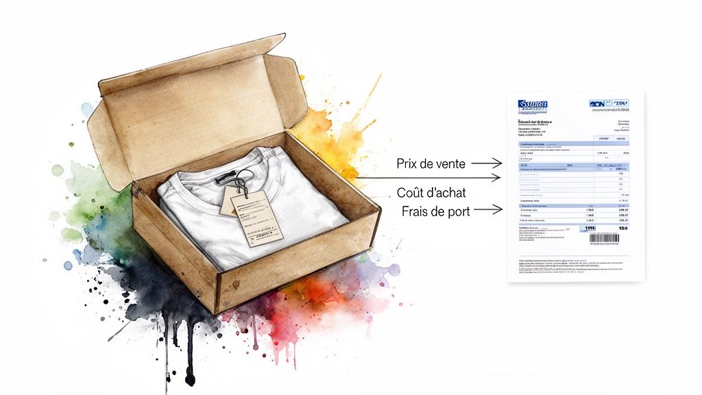 T-shirt blanc dans une boîte, à côté d'une facture détaillant le prix de vente, le coût d'achat et les frais de port.
