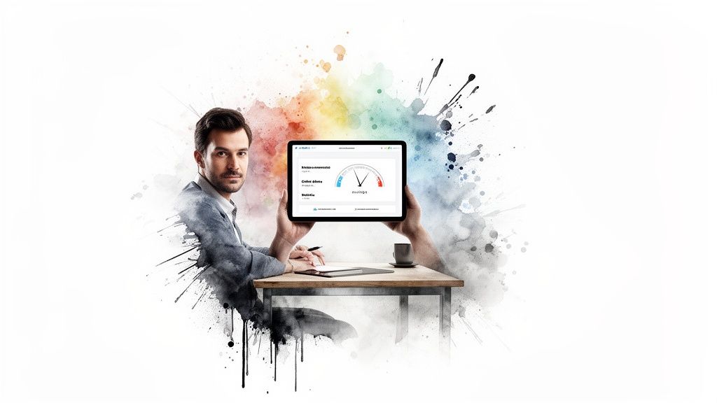 Homme professionnel tenant une tablette affichant une jauge, sur fond abstrait coloré.