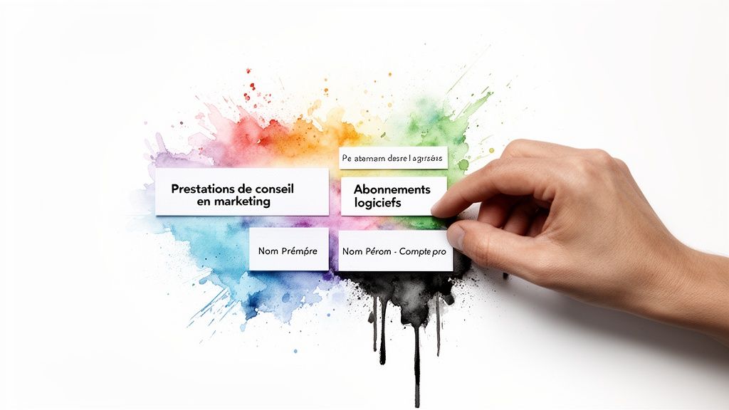 Une main place une carte de texte sur un fond abstrait d'éclaboussures de peinture colorées, entourée d'autres informations.